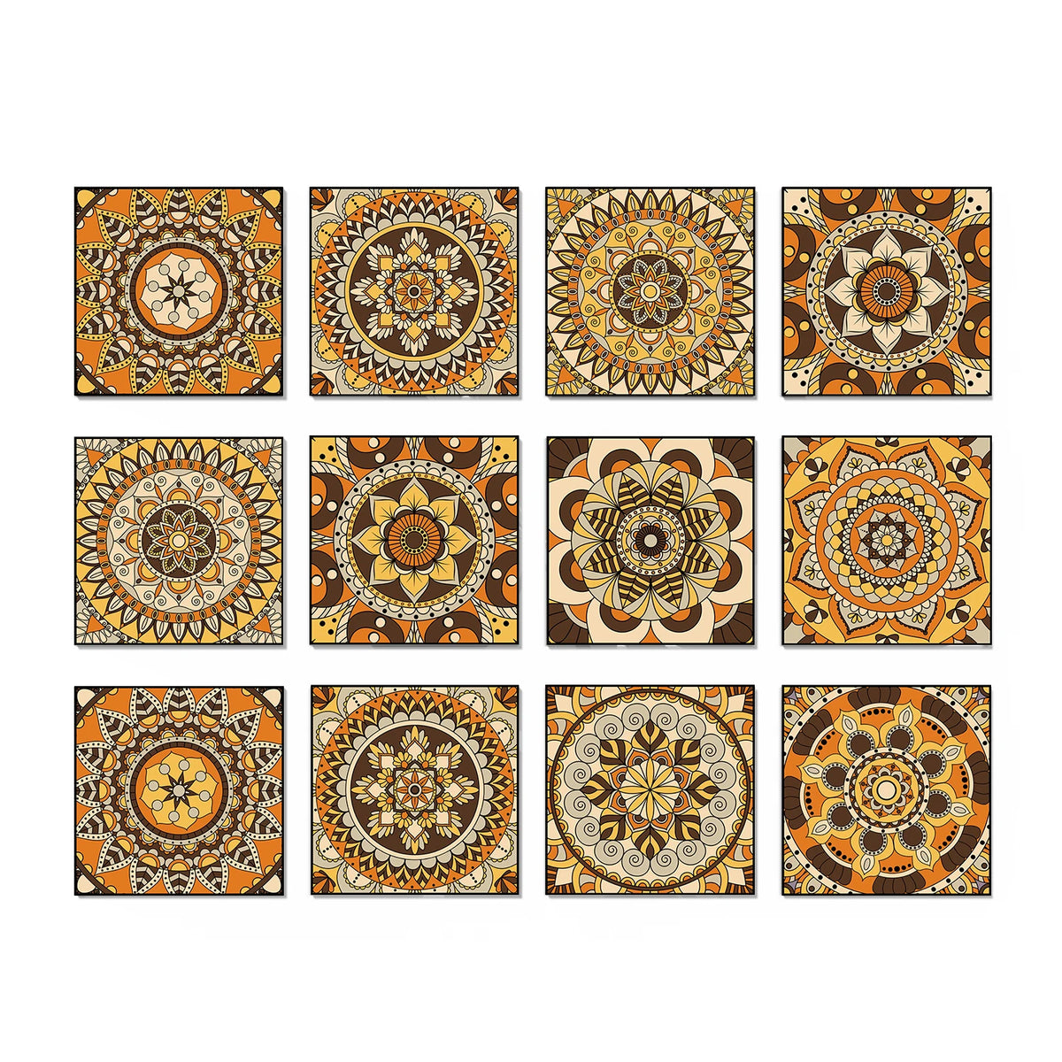 A grid of nine square floral peel and stick tile stickers featuring intricate geometric patterns in earthy tones.