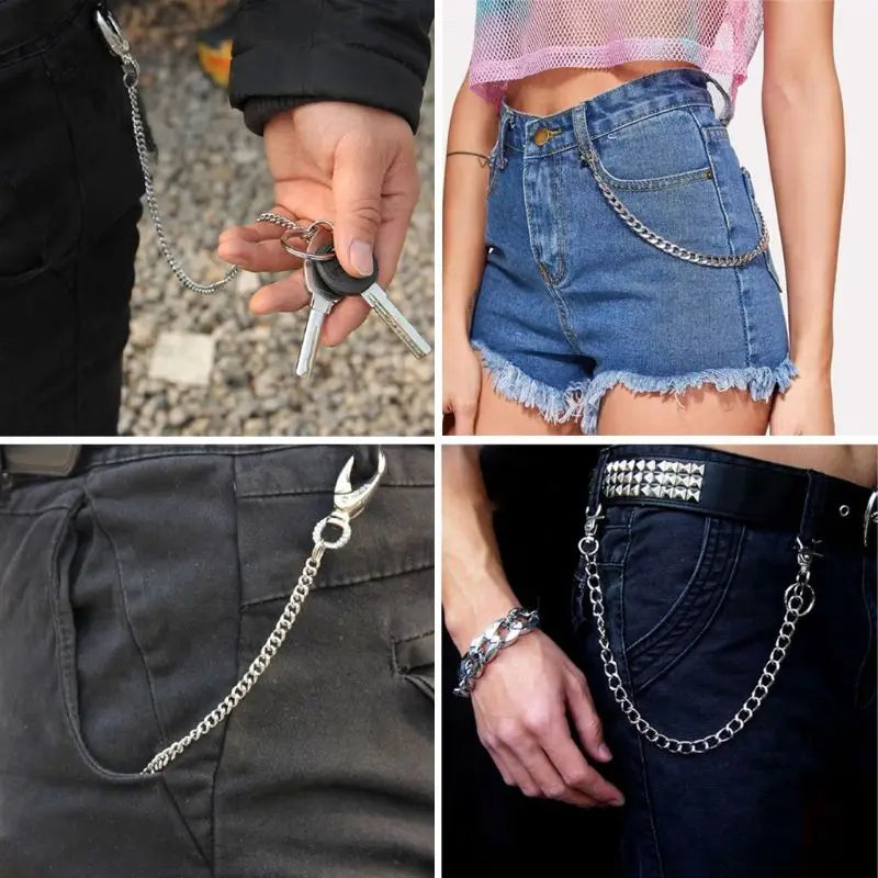 A close-up of a chrome steel punk chain belt accessory with a keyring and a denim skirt.