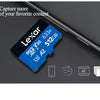 A Lexar V30 microSD card is shown on a dark surface with related features displayed below.
