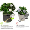 Set of thick non-woven fabric grow bags with handles showing potted plants and soil loosening tools