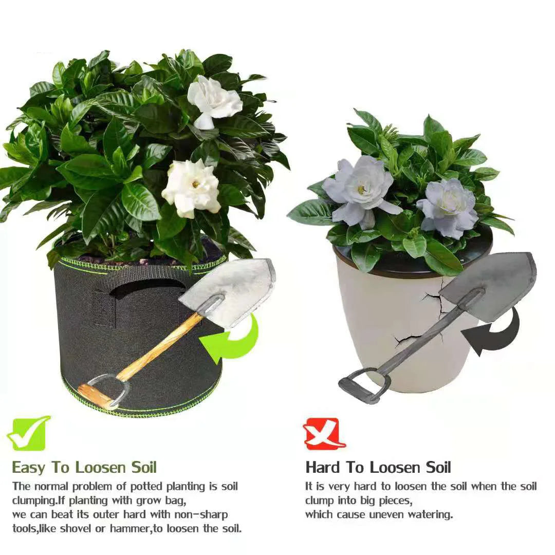 Set of thick non-woven fabric grow bags with handles showing potted plants and soil loosening tools