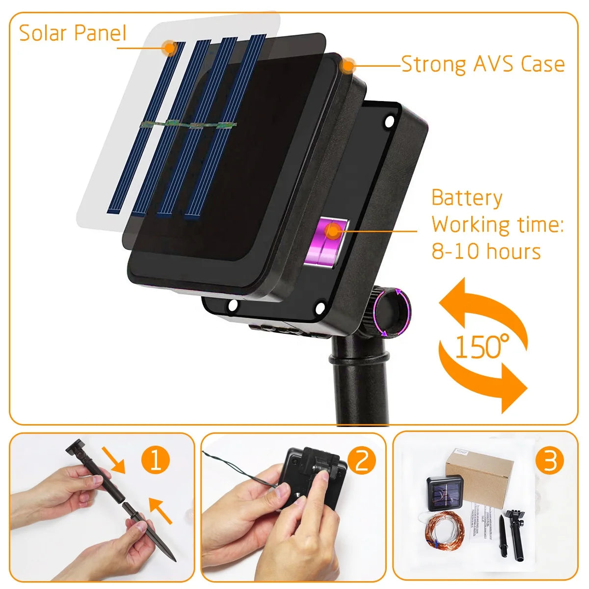 A solar-powered device with a strong AVS case and battery, shown alongside tools for assembly.