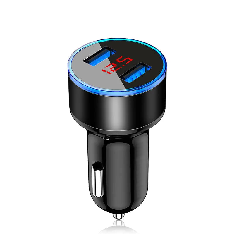 Black dual USB fast car charger with a digital display showing 1.5A output.