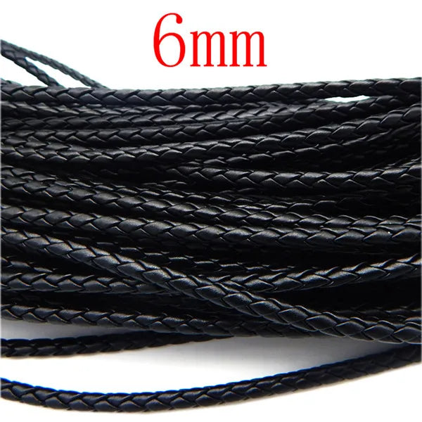 Black braided leather cord for jewelry making with a 6mm thickness.