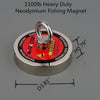 A round, silver neodymium fishing magnet with a metal loop and certification markings is shown on a gray background.