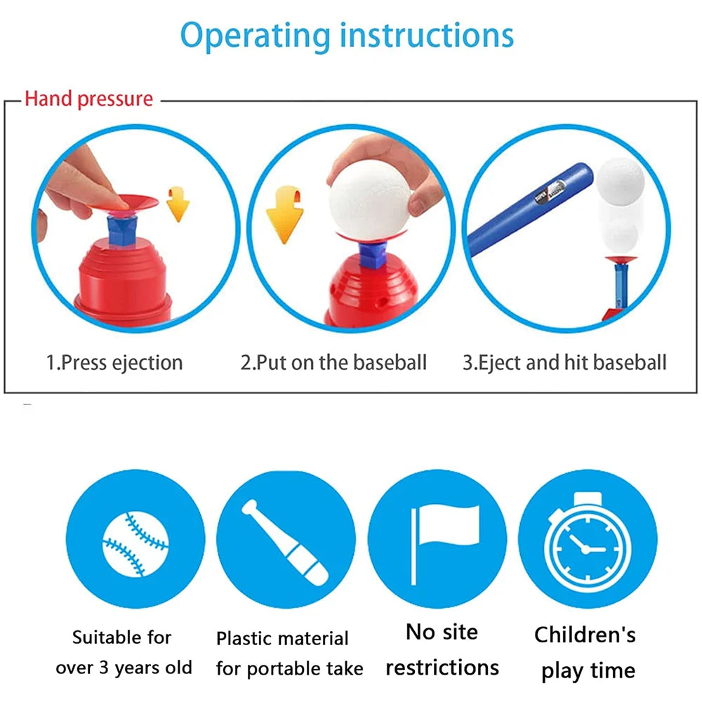 Operating instructions for a kids' t-ball pitching machine set showing hand pressure and ejection steps.