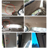 Before and after images showing the repair of a car headliner using a kit with snap buttons and push pins.