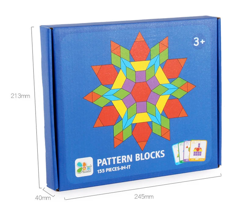 A box of Pattern Blocks featuring a colorful, star-shaped geometric design for children.