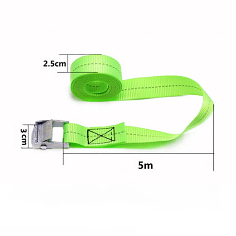 A roll of bright lime green heavy-duty tie-down straps with metal buckles, showing dimensions.