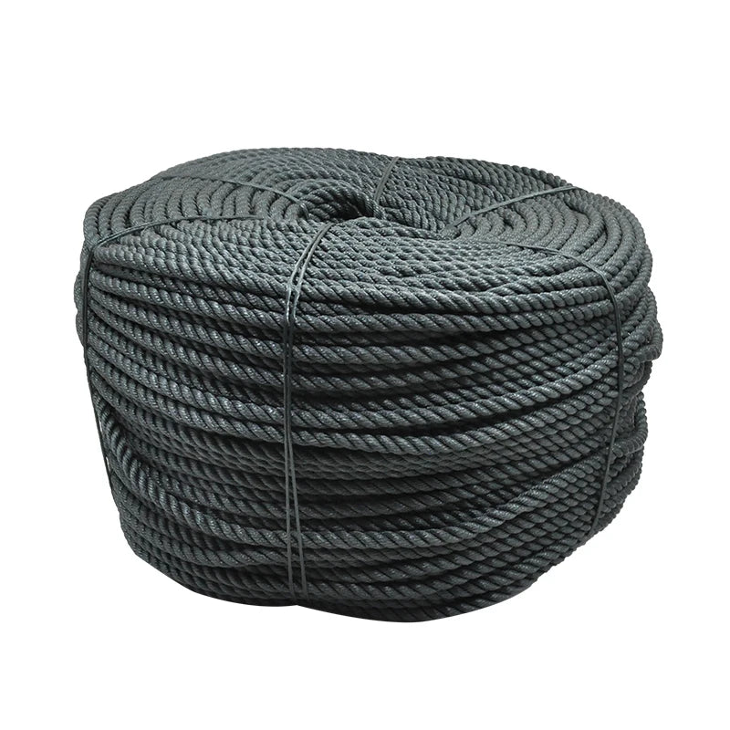 A coil of heavy-duty gray polyethylene rope used for outdoor and utility purposes.