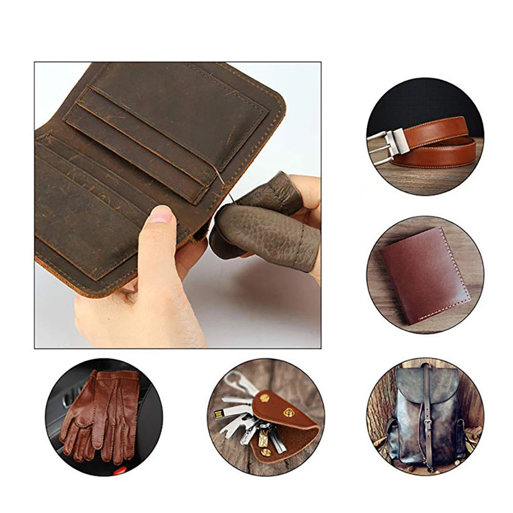 A set of brown leather tools including a wallet, stitching tool, and a leather pouch.