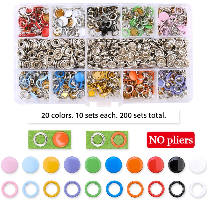 A variety of metal snap fasteners in 20 colors are displayed in sets for crafting and sewing projects.