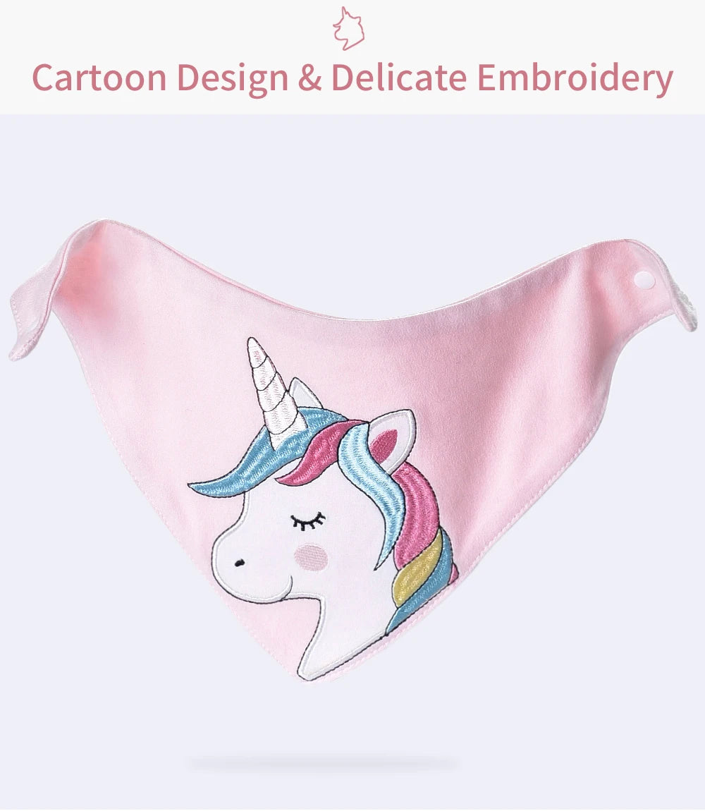 Pink soft cotton baby bib with a white unicorn design embroidered on it