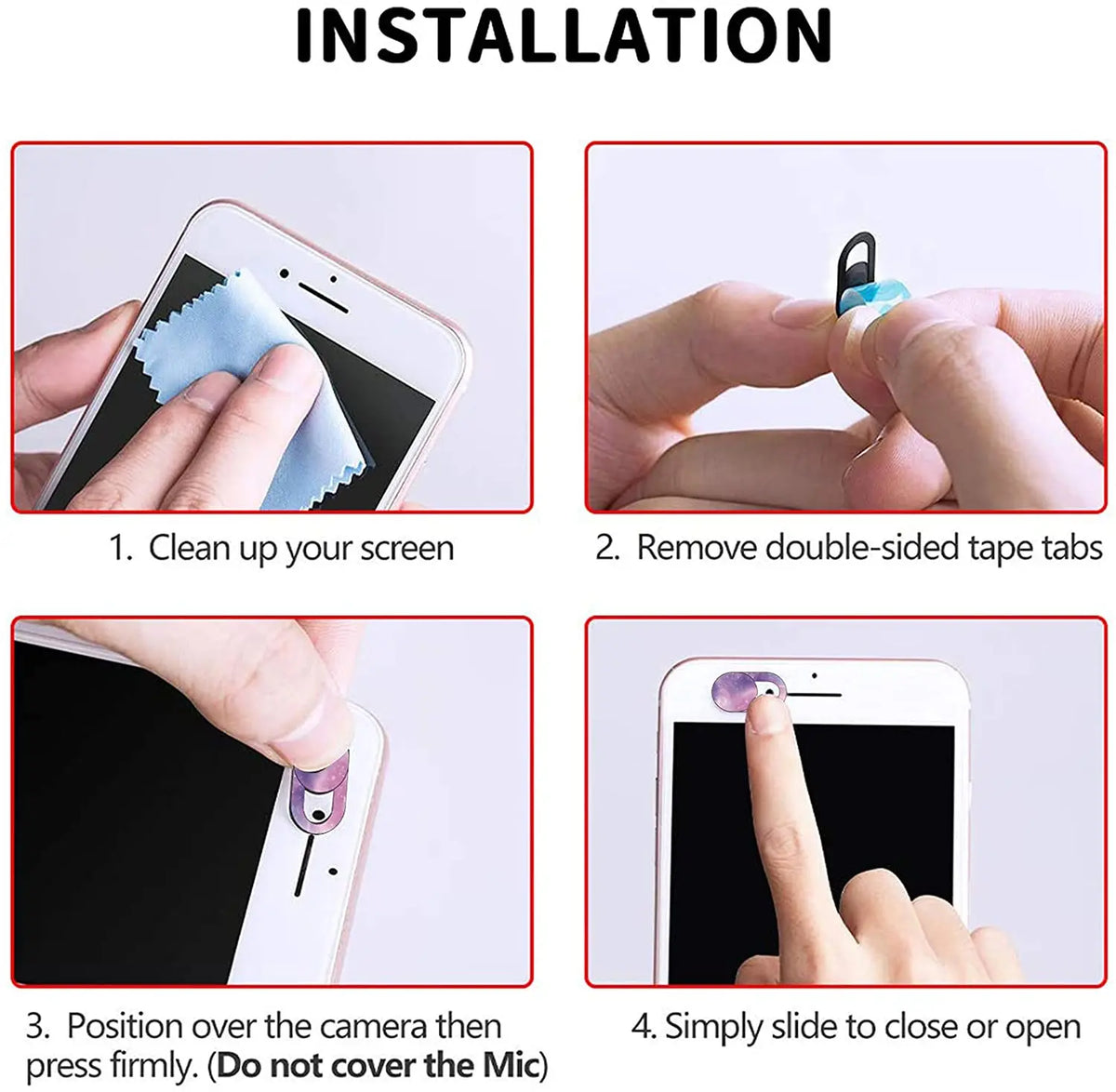 Instrucciones para instalar una cubierta de privacidad de webcam: limpiar la pantalla, quitar las pestañas de cinta y posicio