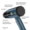A blue digital heat gun is shown with various components labeled, including a back cap, air outlet, LCD screen, and power cor