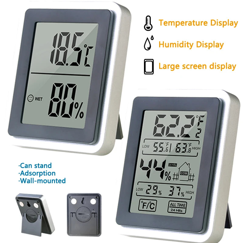 A compact digital thermometer and hygrometer with a large screen display and magnetic mount accessories.