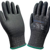 A pair of black cut-resistant work gloves with green trim and CE certification markings.