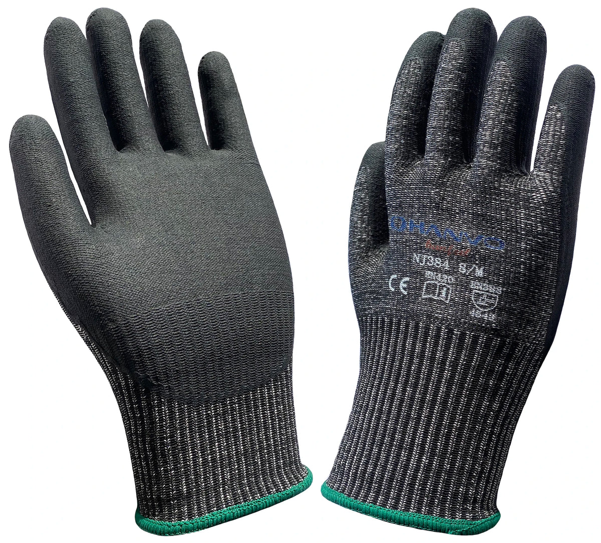 A pair of black cut-resistant work gloves with green trim and CE certification markings.