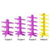 A set of four stackable eyeglass display stands in purple and yellow colors labeled Purple-3, Purple-4, Purple-5, and Yellow-
