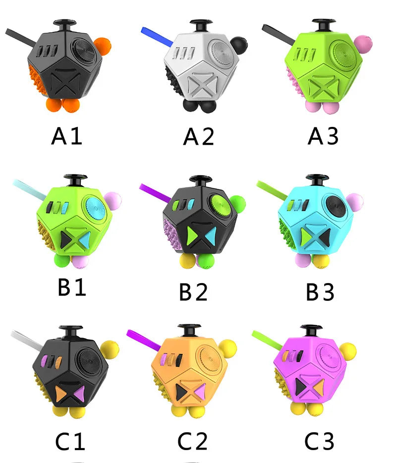 A set of nine 12-sided fidget cubes in various colors including black, silver, green, purple, and orange.