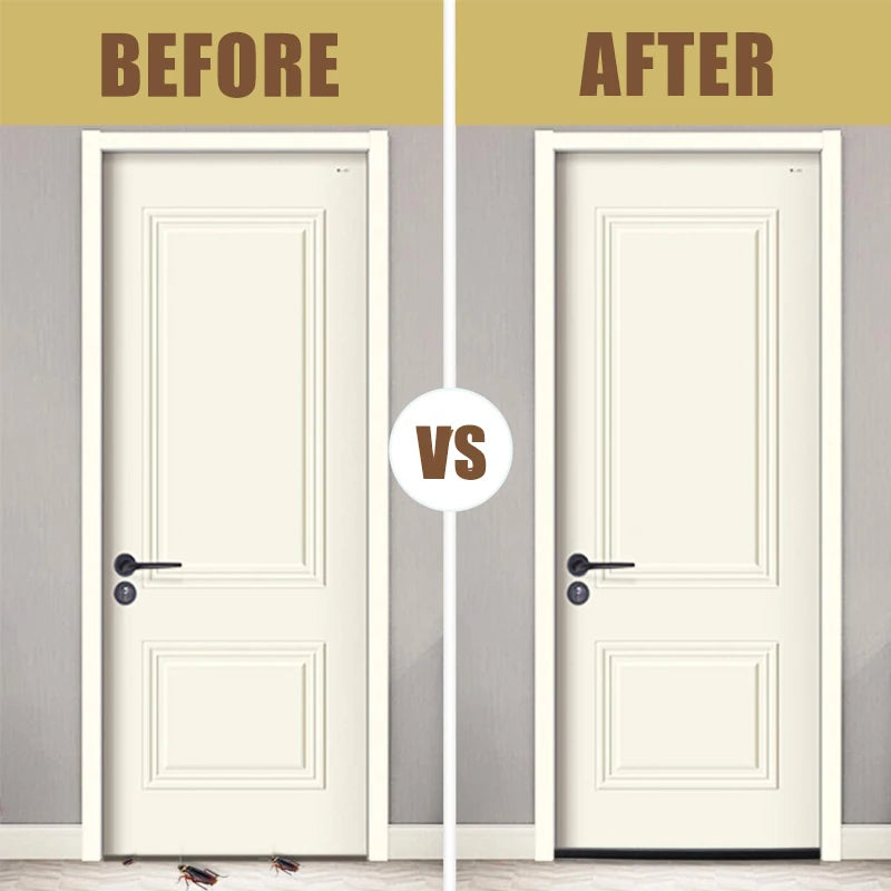 Before and after comparison of a flexible door bottom sealing strip installation on a white door.