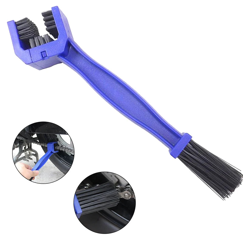 A purple universal chain cleaning brush with bristles shown alongside close-up views of the brush head.