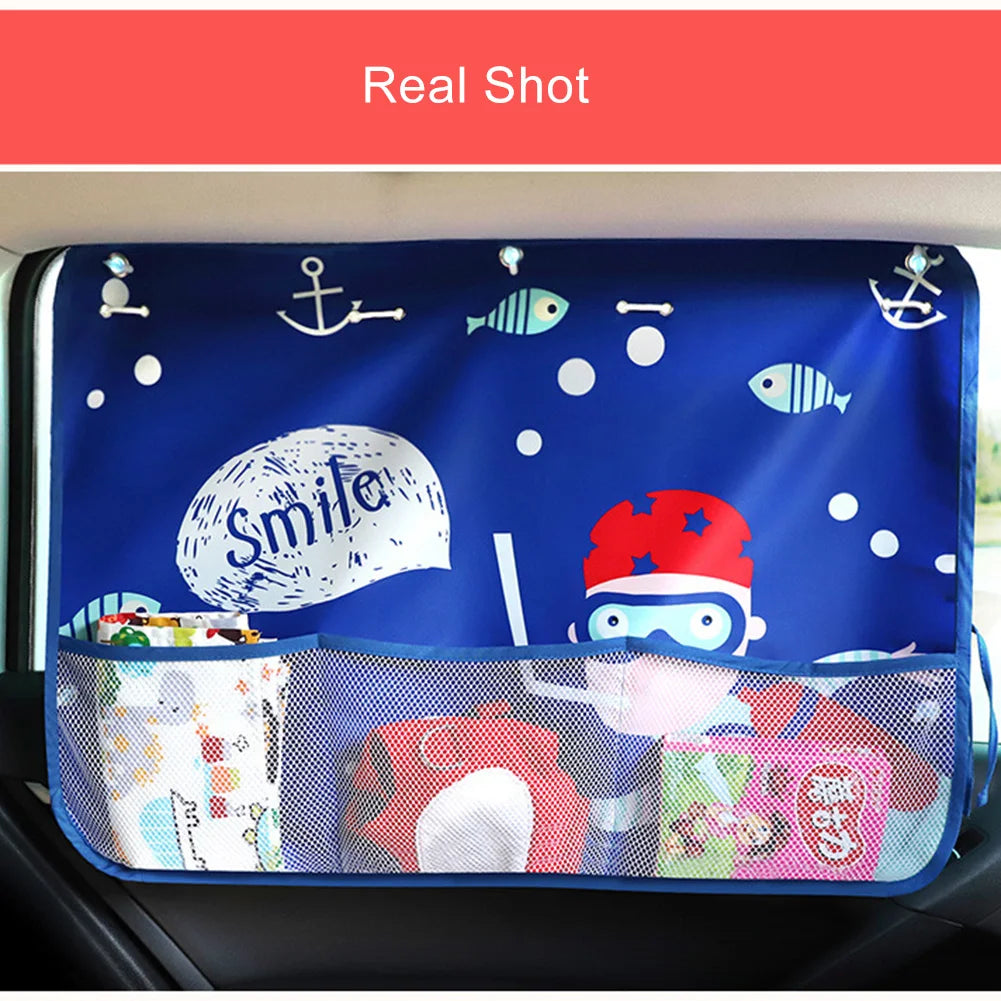 Cartoon Car Sunshade Curtain with Storage Pocket