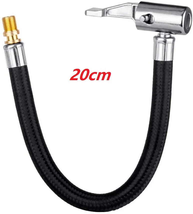 A flexible black hose with a metal fitting is shown, used for inflating tires.