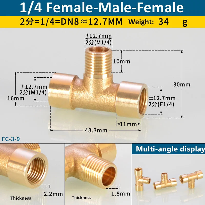 Brass BSP tee pipe fitting with female-male-female configuration and various sizes