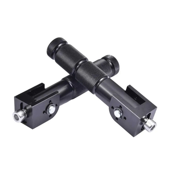 A close-up view of a black universal CNC aluminum footrest pedal with textured grips.