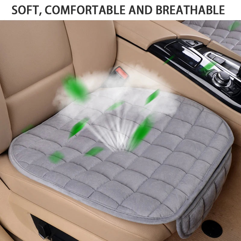 A gray plush car seat cover with a quilted pattern is shown placed in a car seat, emphasizing its soft and breathable feature