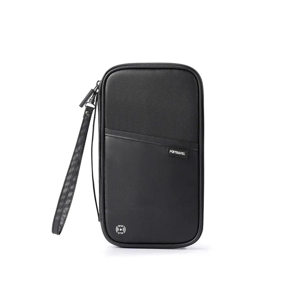 Black RFID-blocking travel passport holder with a detachable strap.
