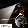 A woman cycling uses a headband with a led flashlight to illuminate the road ahead.