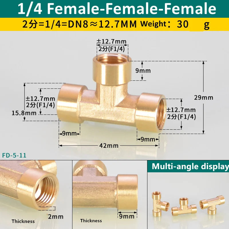 Brass BSP tee pipe fitting with a multi-angle display showing various sizes and dimensions.