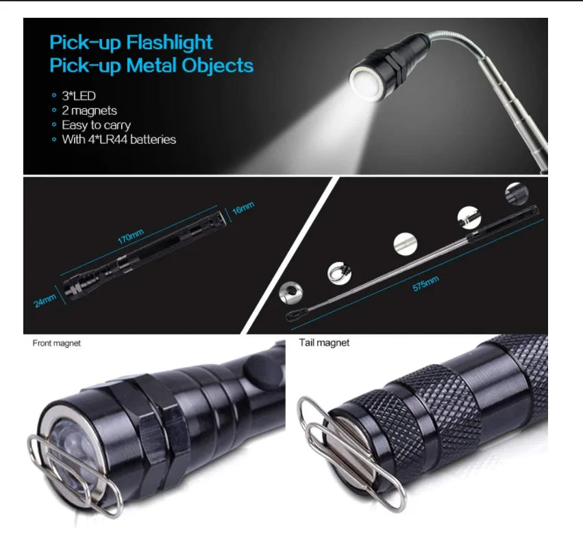Magnetic Pickup Tool with LED Light — Telescopic & Flexible