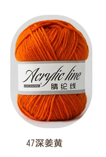 A ball of bright orange acrylic yarn labeled as Acrylic line with the text 47深姜黃.