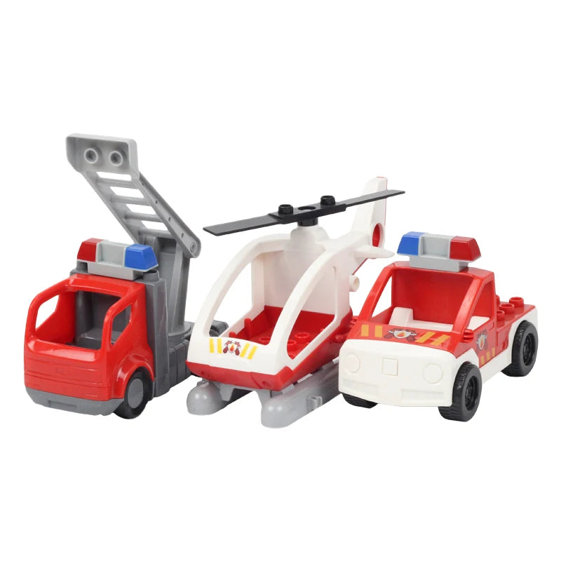 A red and gray city rescue vehicle building block set with traffic signs.