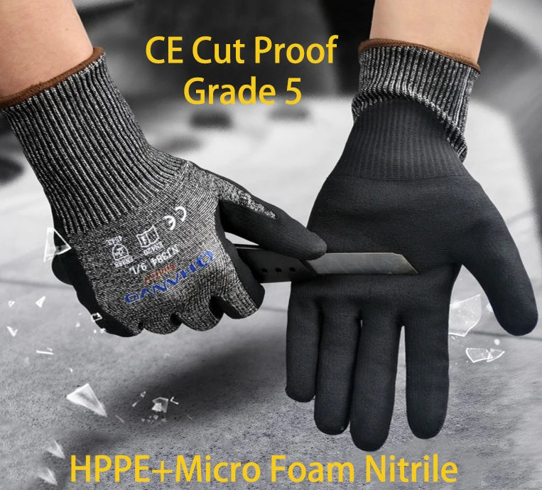 A hand wearing black cut-proof gloves is shown cutting a material with a knife.