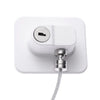 A white child safety cabinet lock featuring a keyhole and a cord for connection.