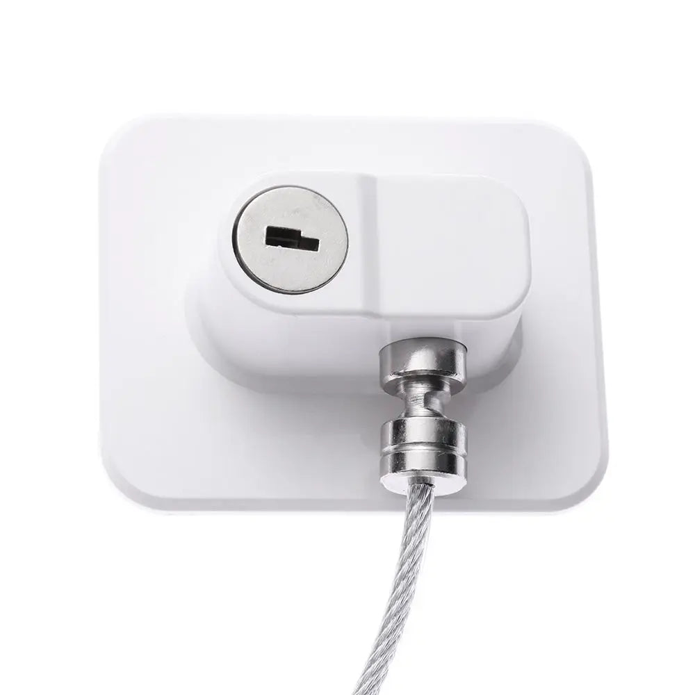 A white child safety cabinet lock featuring a keyhole and a cord for connection.