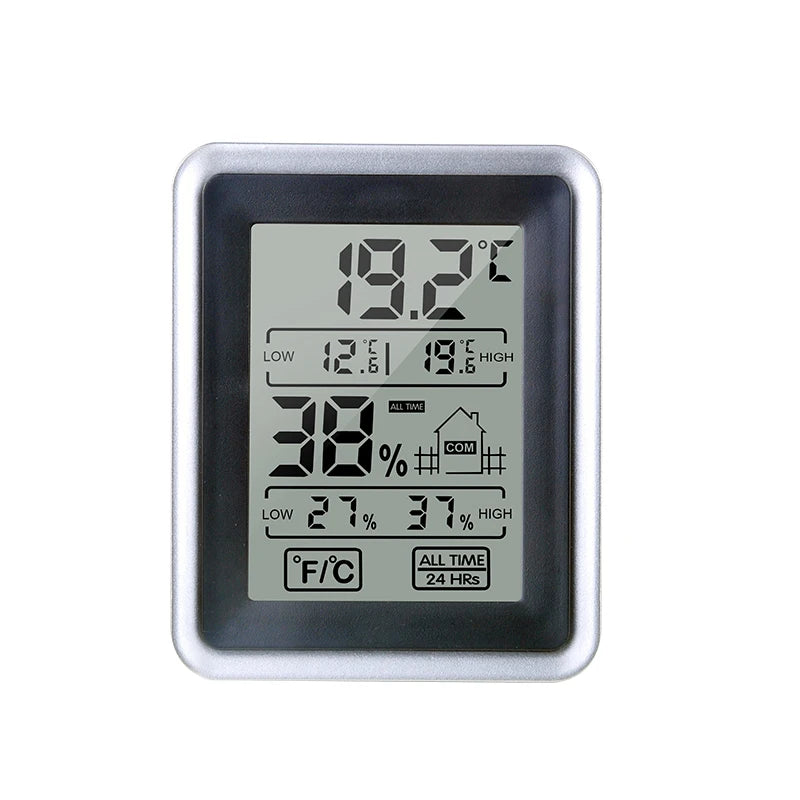 A silver digital thermometer and hygrometer display showing a temperature of 19.2 degrees Celsius.
