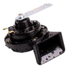 Black electric snail horn with a metal mounting bracket and a plastic horn tip.