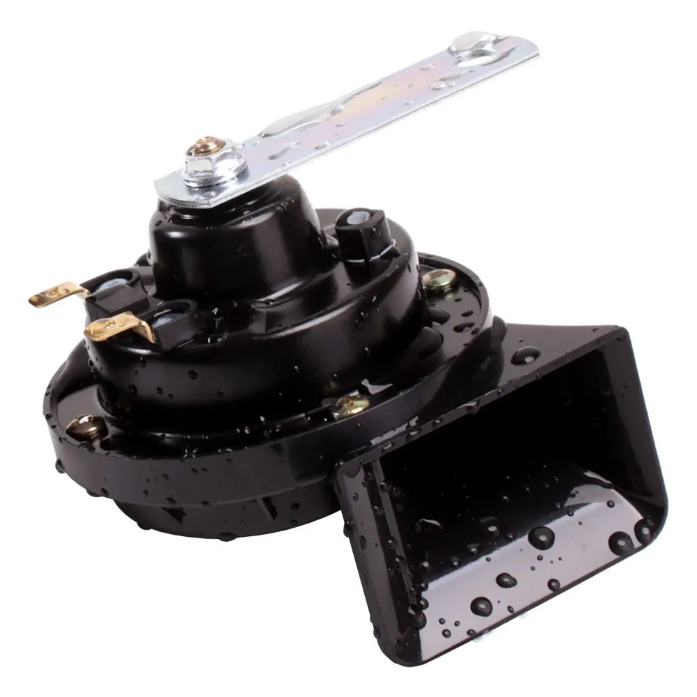Black electric snail horn with a metal mounting bracket and a plastic horn tip.