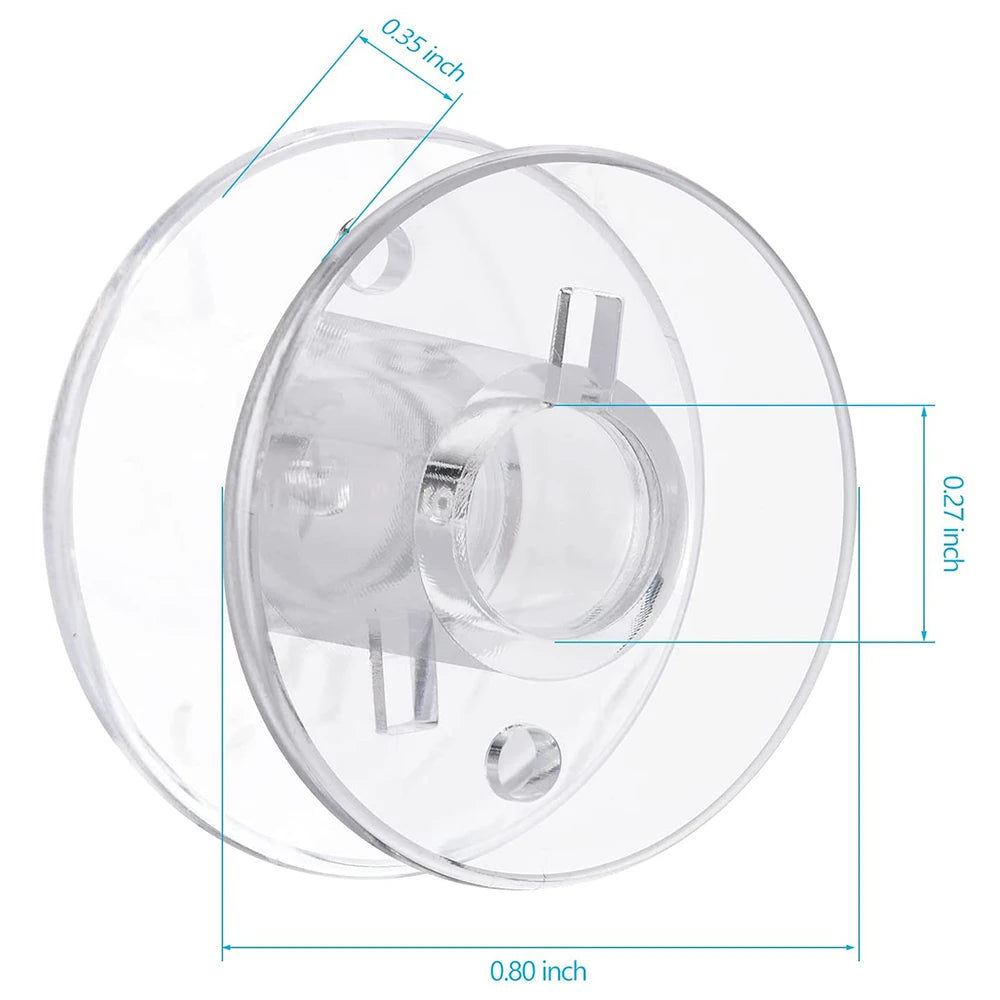Transparent plastic sewing machine bobbins for quilting and embroidery shown with dimensions.
