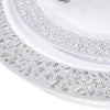 Elegant White Disposable Dinner Plates with Silver Lace Design