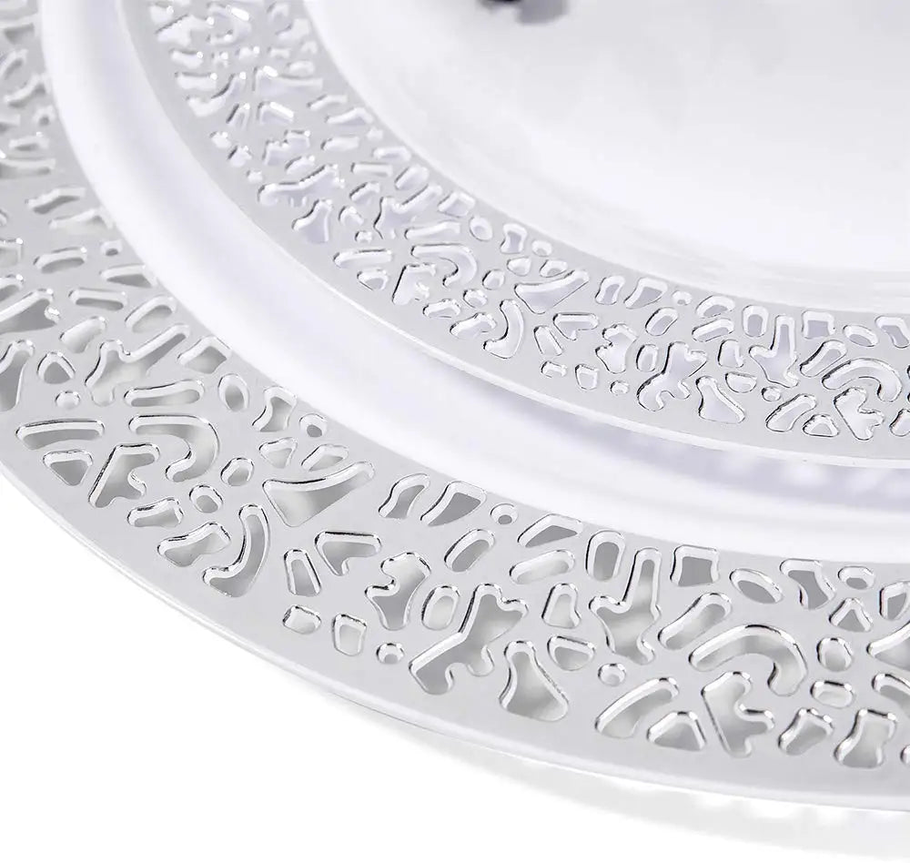 Elegant White Disposable Dinner Plates with Silver Lace Design