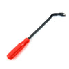A black trim clip removal pliers with a red handle used for auto upholstery and panel work.