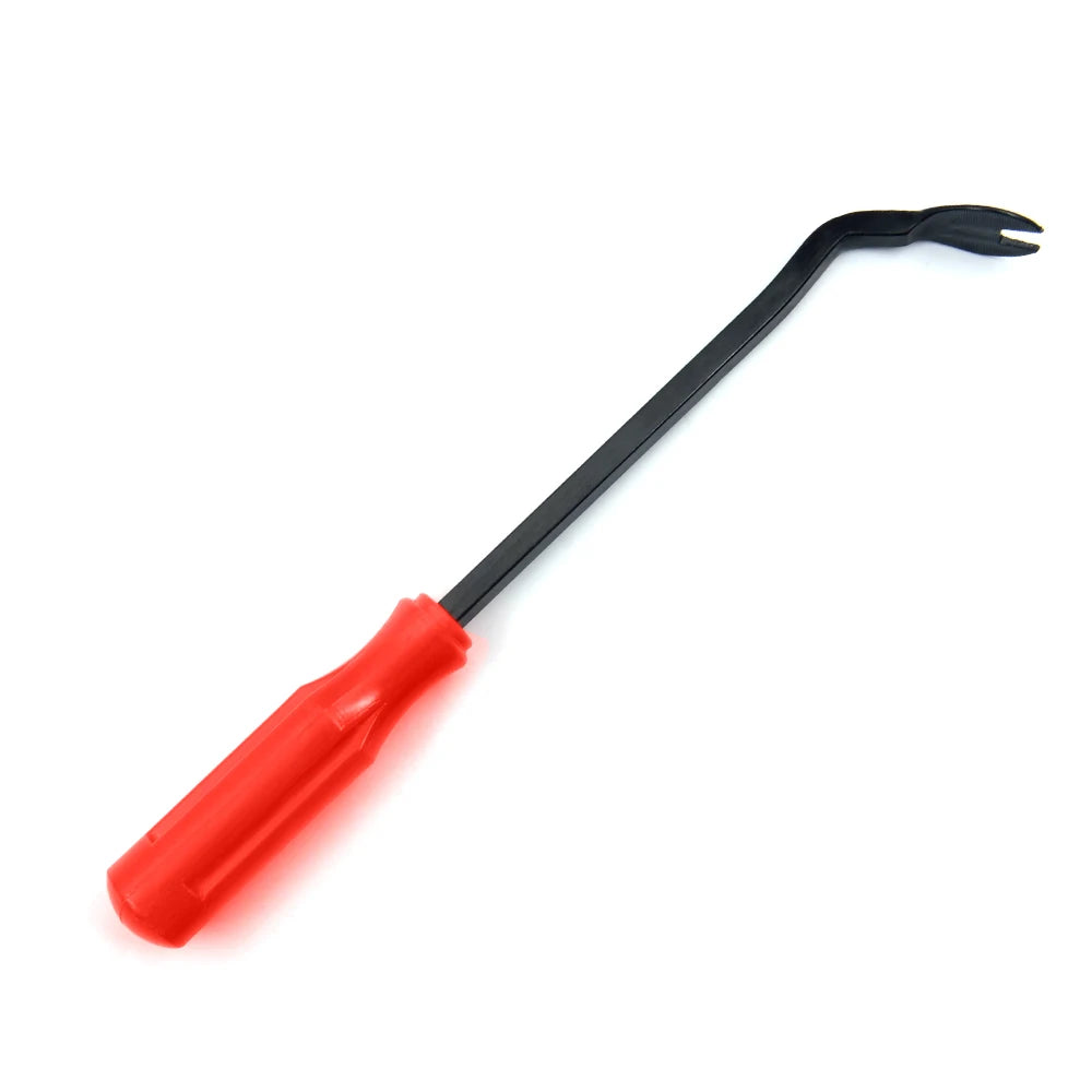 A black trim clip removal pliers with a red handle used for auto upholstery and panel work.