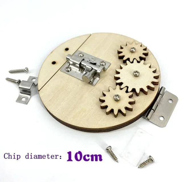 Wooden busy board with gears and a metal clasp, showing DIY learning accessories for toddlers.