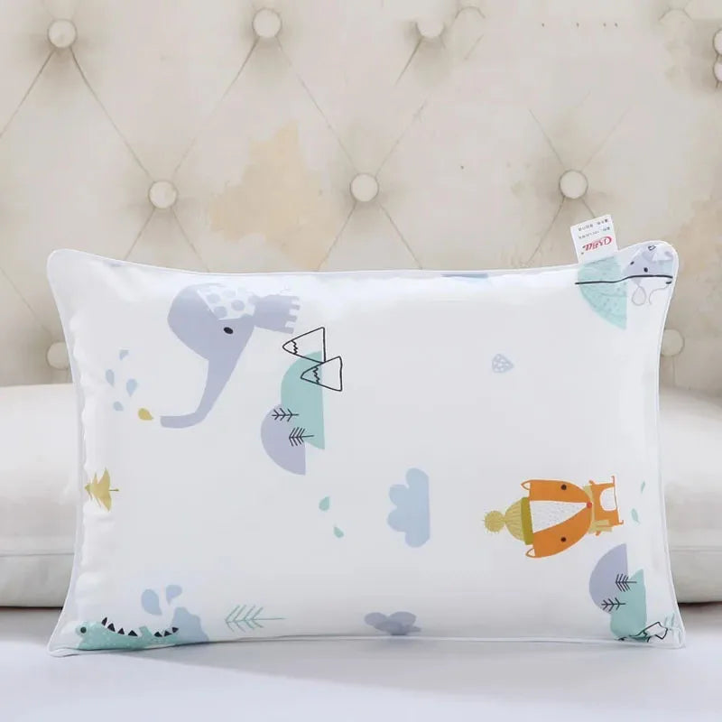 A white cartoon pillowcase featuring elephant and leaf designs for a kids cotton pillow.